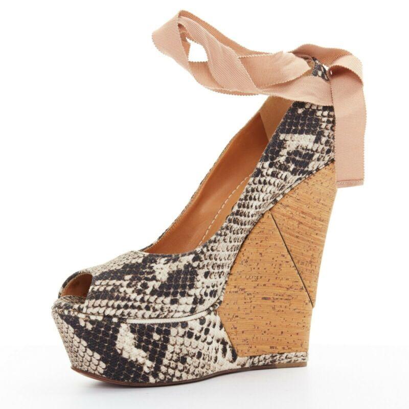 LANVIN ALBER ELBAZ escarpins à talons de cheville à talons compensés en cuir imprimé avec rubans, taille EU 38, 2011 Bon état - En vente à Hong Kong, NT