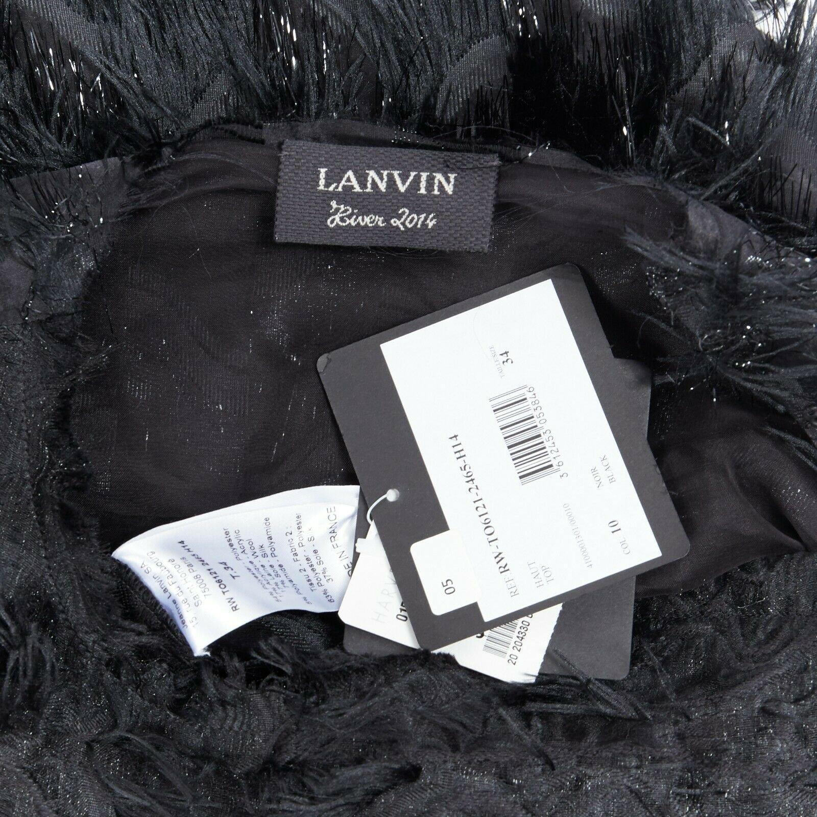 LANVIN ALBER ELBAZ 2014 black floral brocade shimmery textured fringed top FR34 5