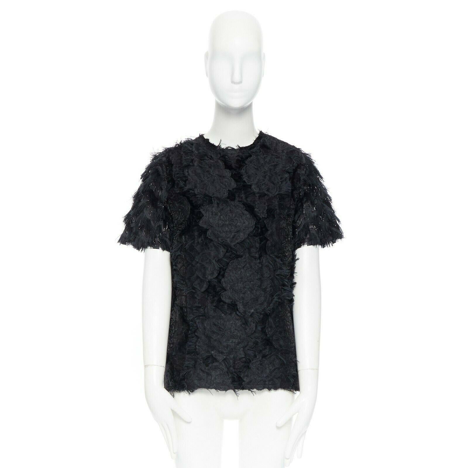 Black LANVIN ALBER ELBAZ 2014 black floral brocade shimmery textured fringed top FR34