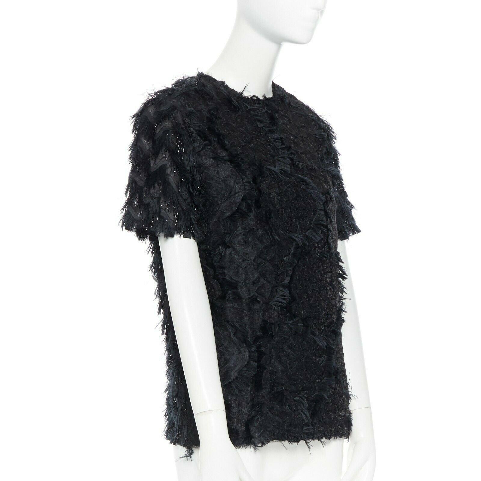 LANVIN ALBER ELBAZ 2014 black floral brocade shimmery textured fringed top FR34 In New Condition In Hong Kong, NT