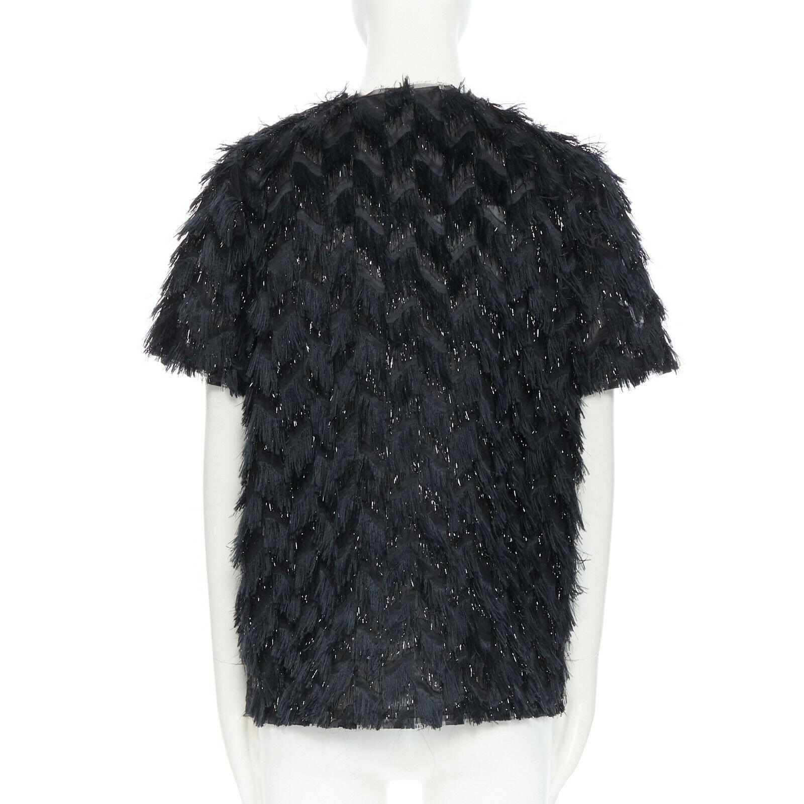 LANVIN ALBER ELBAZ 2014 black floral brocade shimmery textured fringed top FR34 2