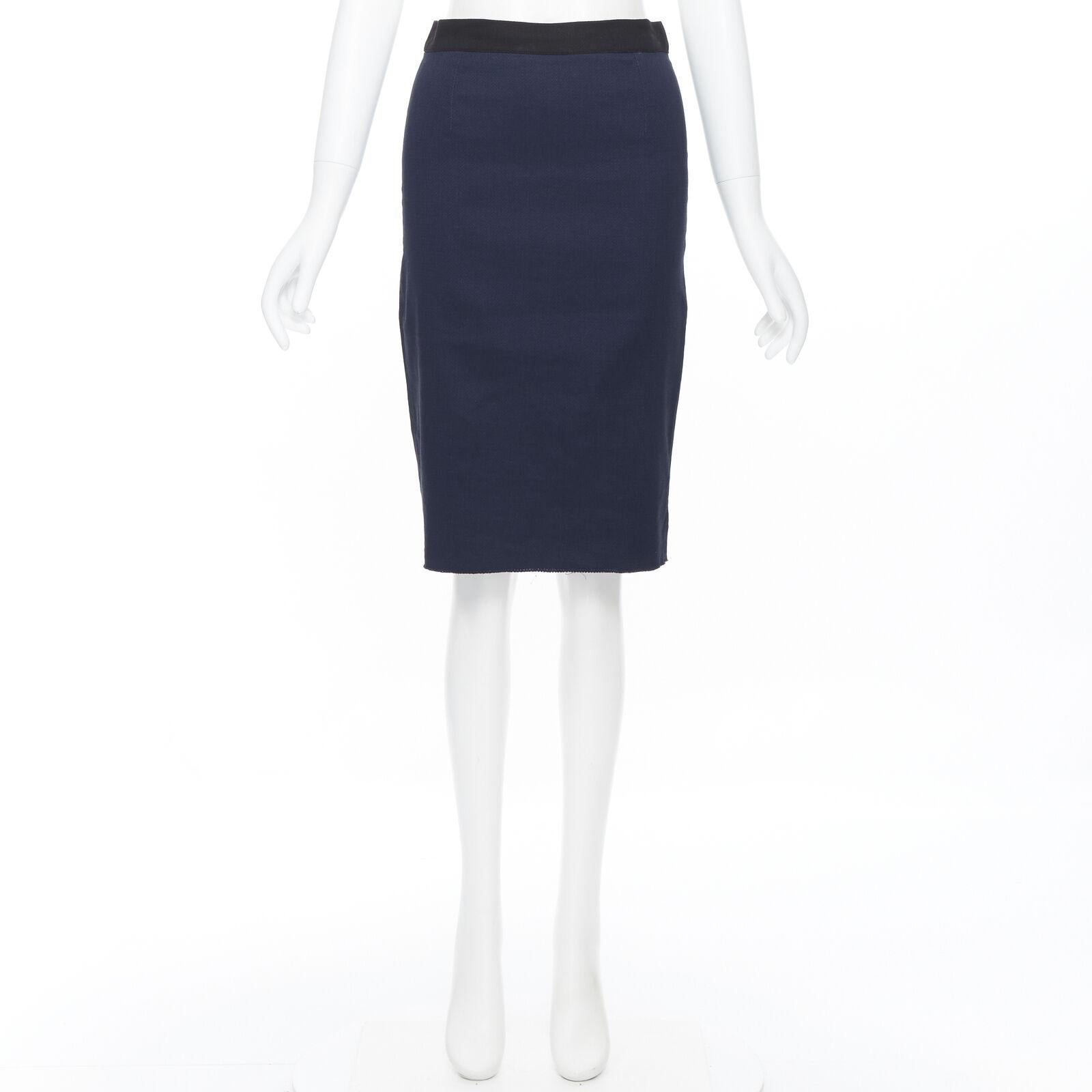 Black LANVIN ALBER ELBAZ 2014 navy blue linen blend exposed zip pencil skirt FR34 26