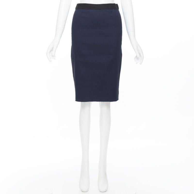Black LANVIN ALBER ELBAZ 2014 navy blue linen blend exposed zip pencil skirt FR34 26