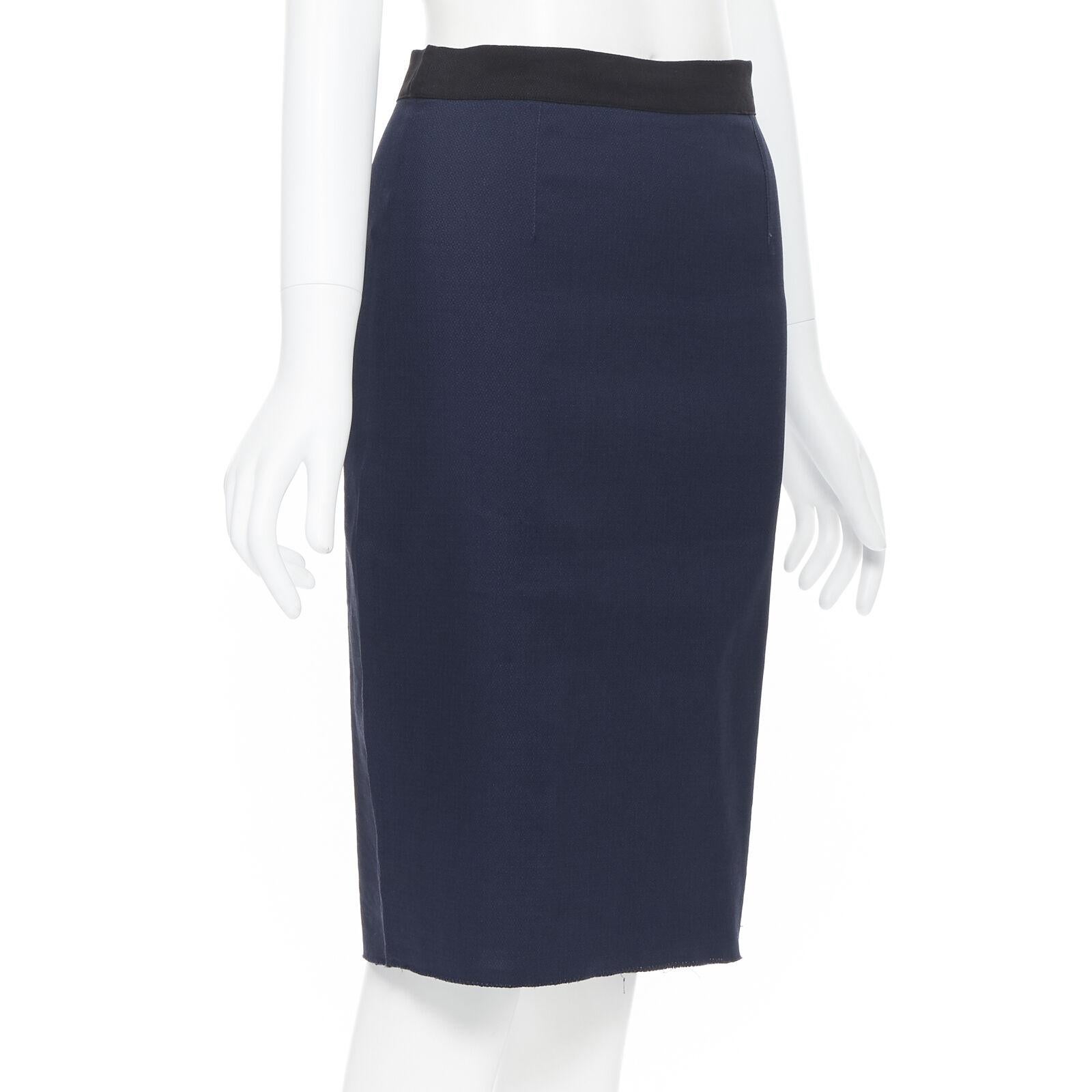 LANVIN ALBER ELBAZ 2014 navy blue linen blend exposed zip pencil skirt FR34 26