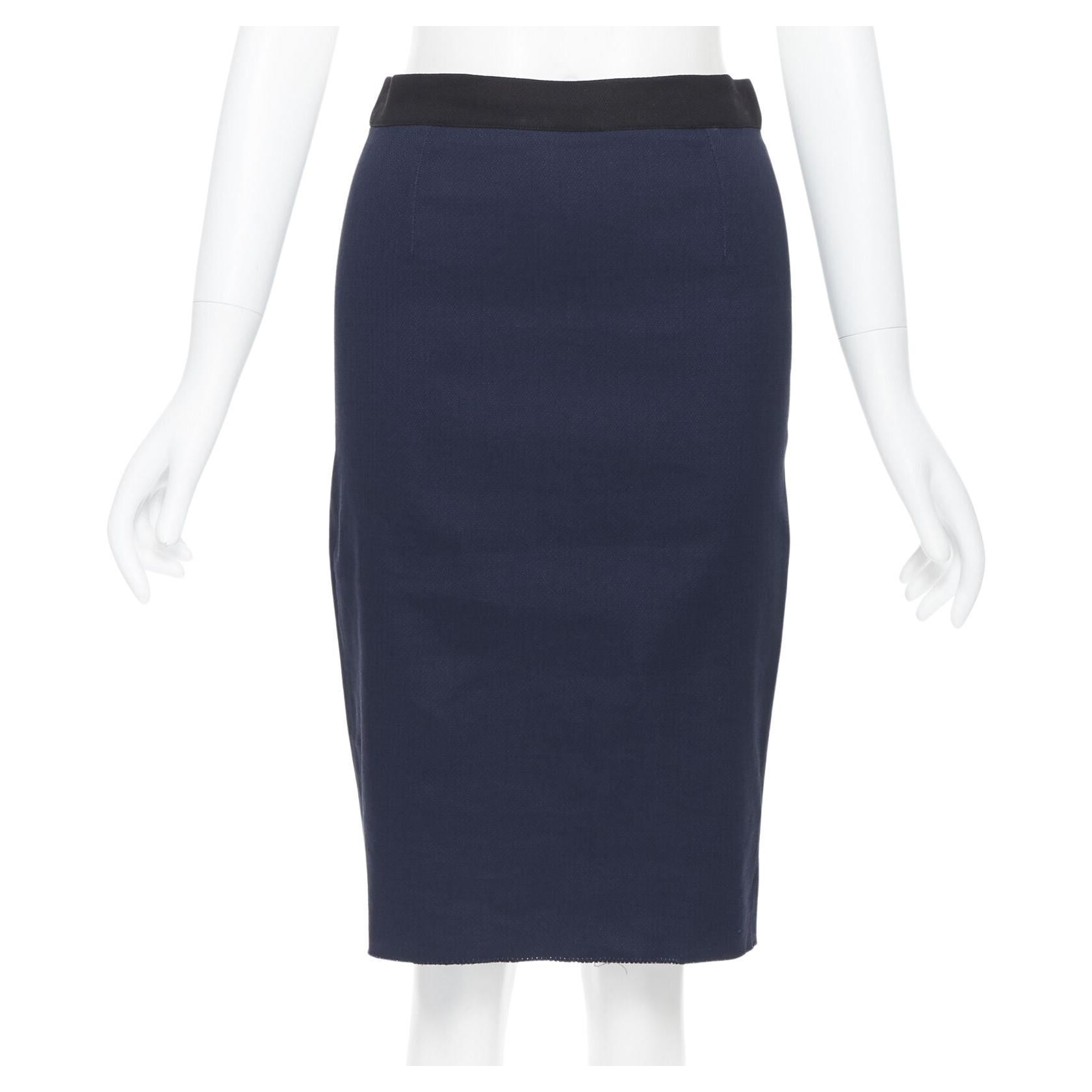 LANVIN ALBER ELBAZ 2014 navy blue linen blend exposed zip pencil skirt FR34 26" For Sale