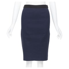 LANVIN ALBER ELBAZ 2014 navy blue linen blend exposed zip pencil skirt FR34 26"