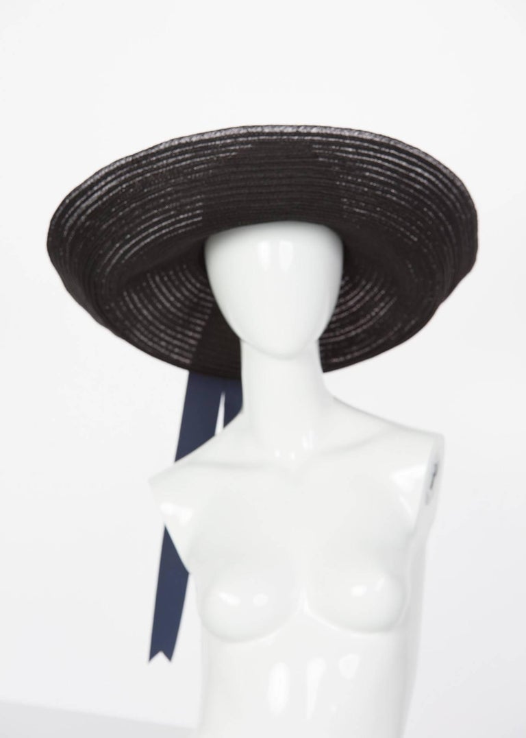 Lanvin Straw Hat Alber Ellbaz Collectible US 7/ 56 Lanvin Alber Elbaz Black Sun Hat Navy Ribbon Band, 2006 For  main image 2