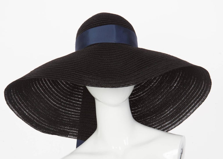 Lanvin Alber Elbaz Black Sun Hat Navy Ribbon Band, 2006 For 
