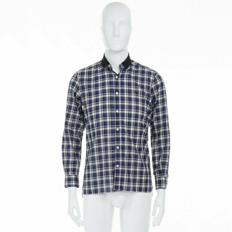 Grigio LANVIN Alber Elbaz camicia a quadri blu con colletto in nastro di gros-grain EU38 S in vendita