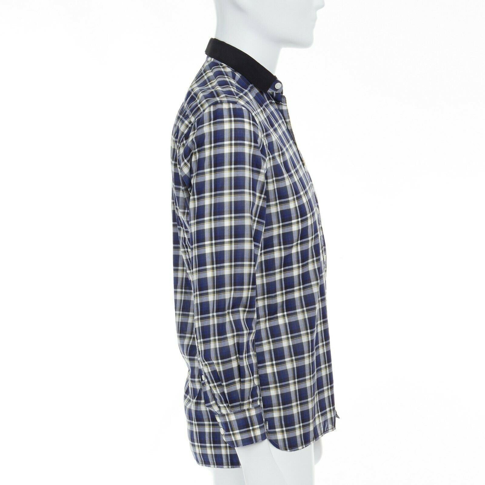 Gray LANVIN ALBER ELBAZ blue checked cotton grosgrain ribbon collar shirt EU38 S For Sale