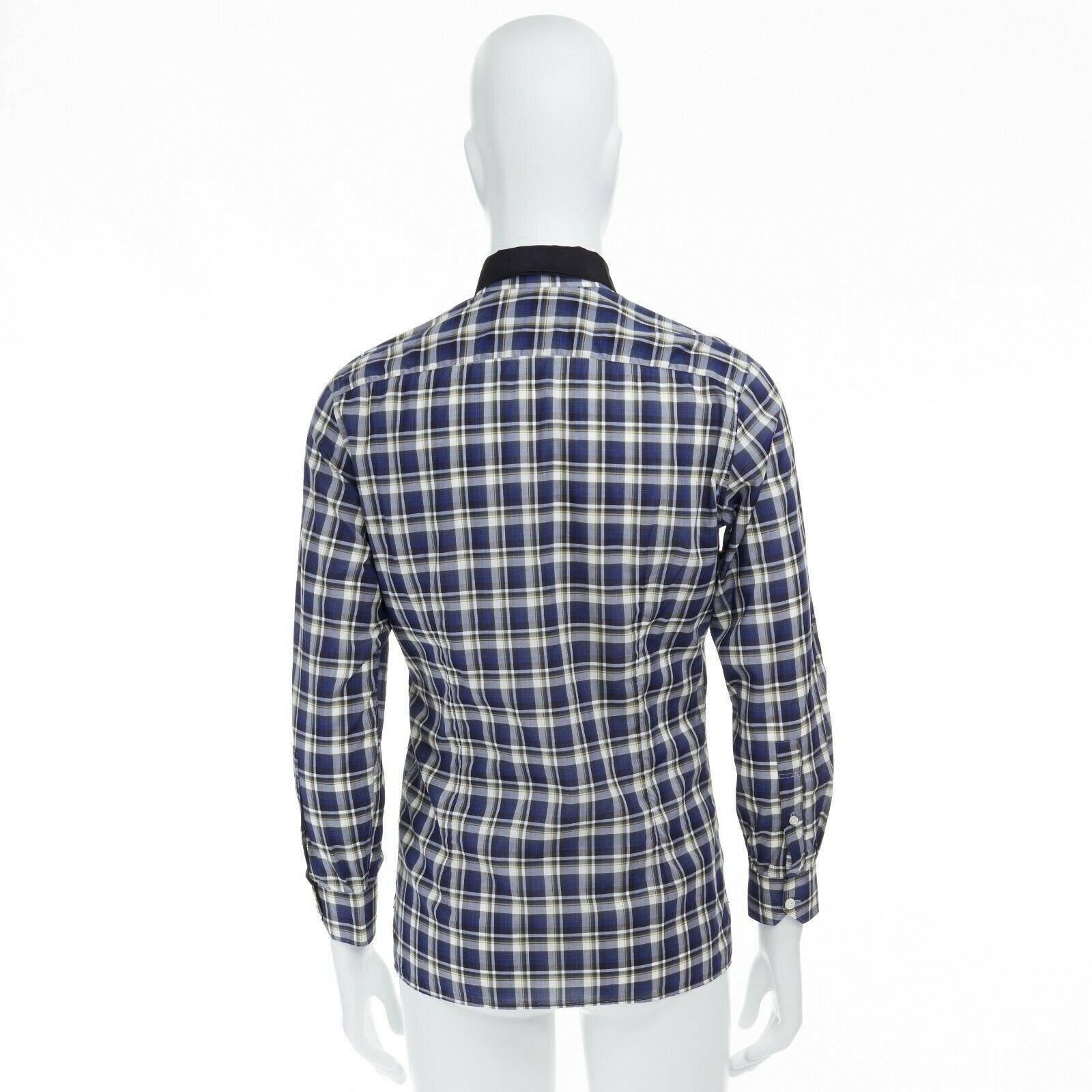 LANVIN ALBER ELBAZ blue checked cotton grosgrain ribbon collar shirt EU38 S In Good Condition For Sale In Hong Kong, NT