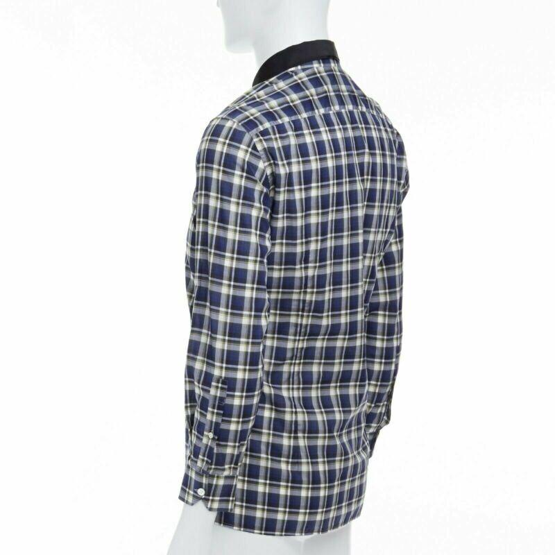 LANVIN Alber Elbaz camicia a quadri blu con colletto in nastro di gros-grain EU38 S in vendita 1