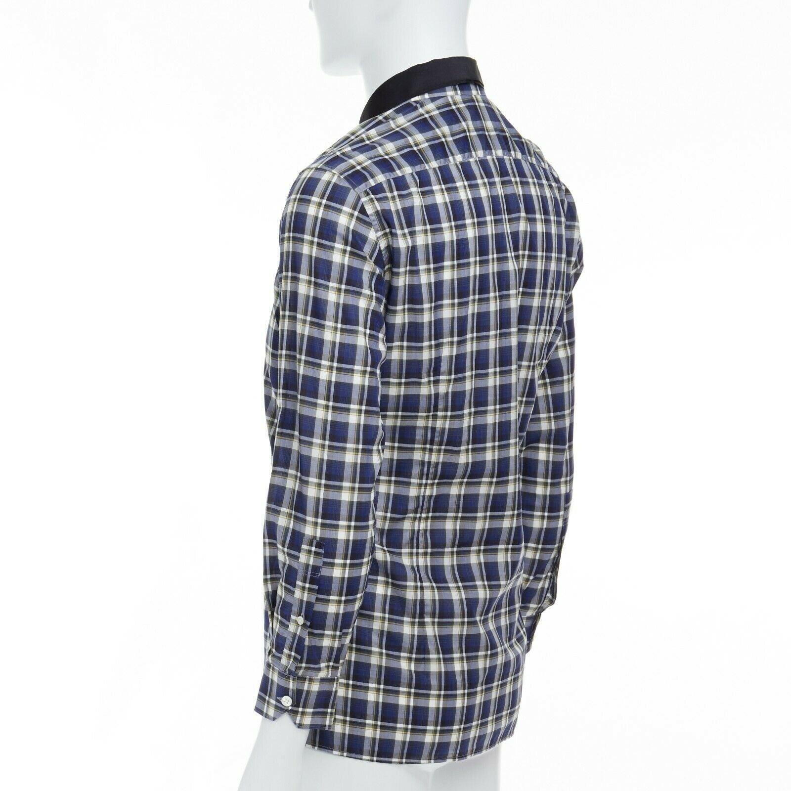 Men's LANVIN ALBER ELBAZ blue checked cotton grosgrain ribbon collar shirt EU38 S For Sale