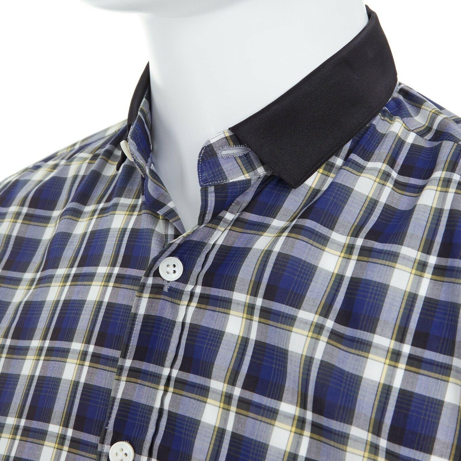 LANVIN ALBER ELBAZ blue checked cotton grosgrain ribbon collar shirt EU38 S For Sale 1
