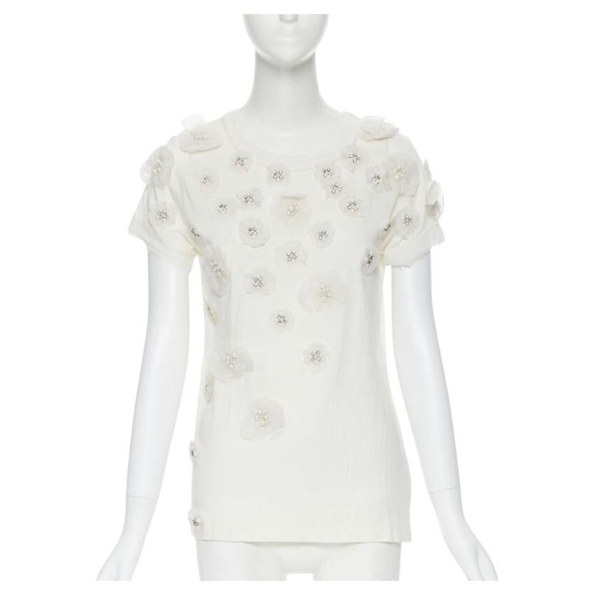 LANVIN ALBER ELBAZ Collection Blanche, tshirt in seta bianca con fiori di cristallo e perle XS