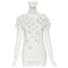 LANVIN ALBER ELBAZ Collection Blanche white silk pearl crystal flower tshirt XS