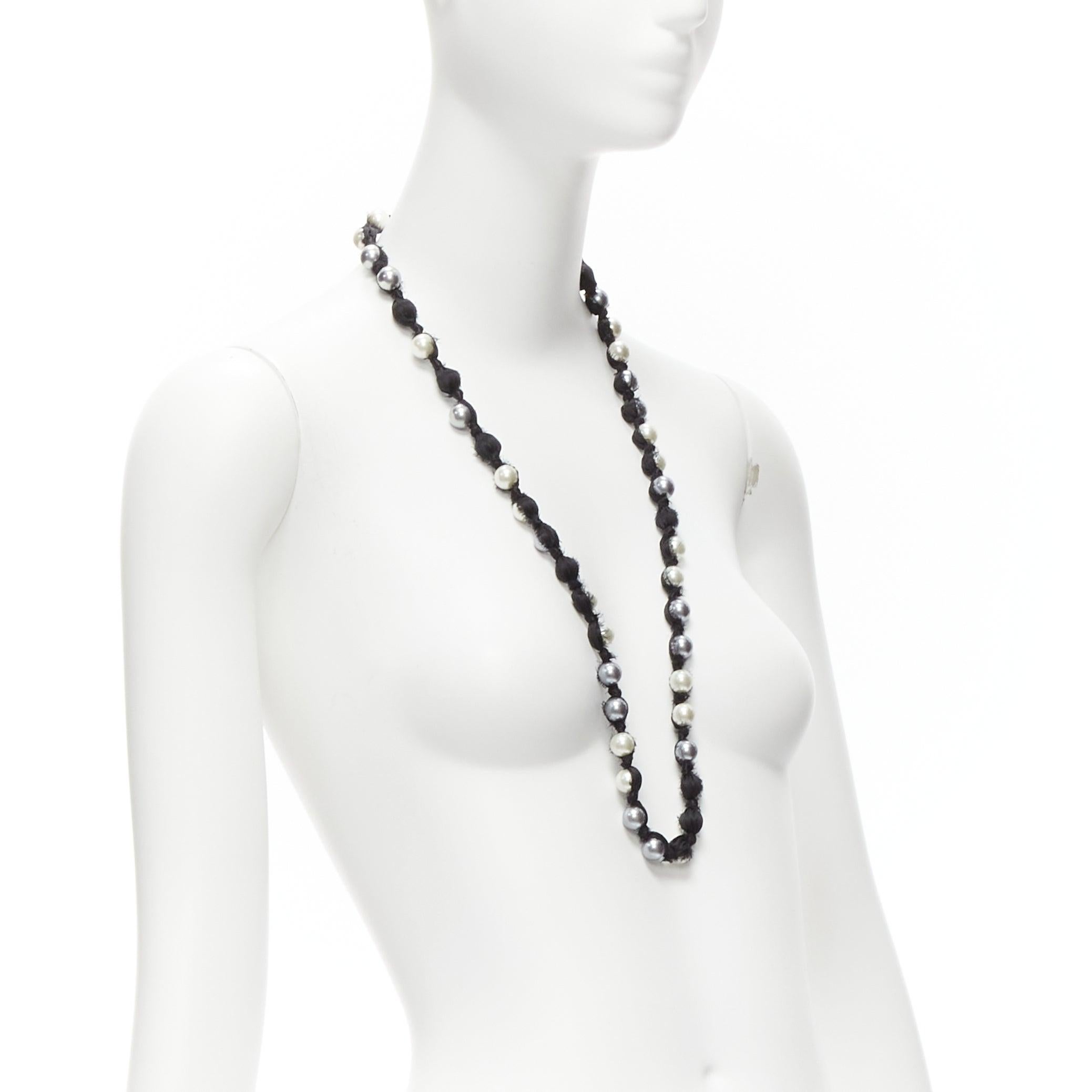 LANVIN ALBER ELBAZ cream charcoal black pearl silk ribbon wrapped long necklace In Excellent Condition For Sale In Hong Kong, NT