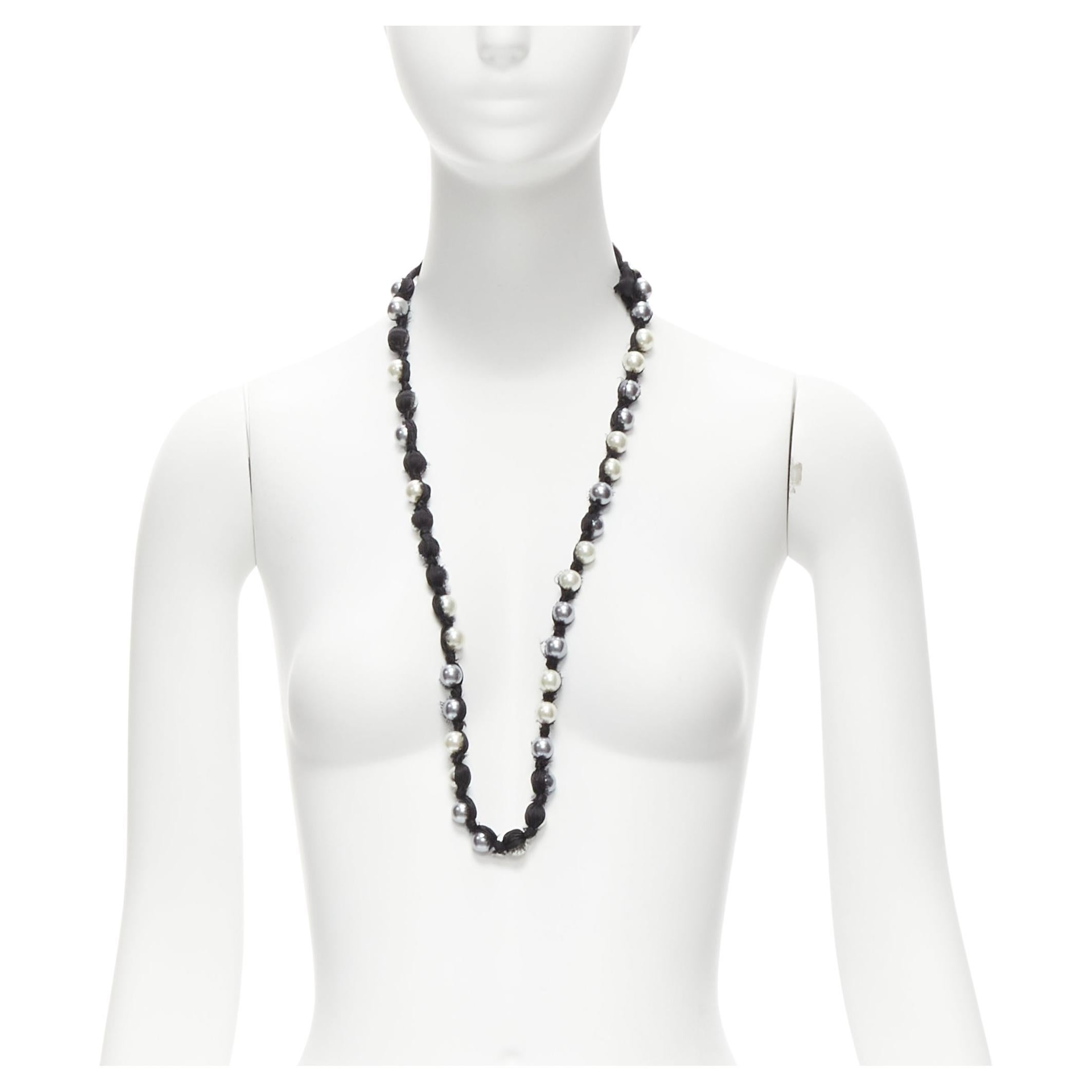 LANVIN ALBER ELBAZ cream charcoal black pearl silk ribbon wrapped long necklace For Sale