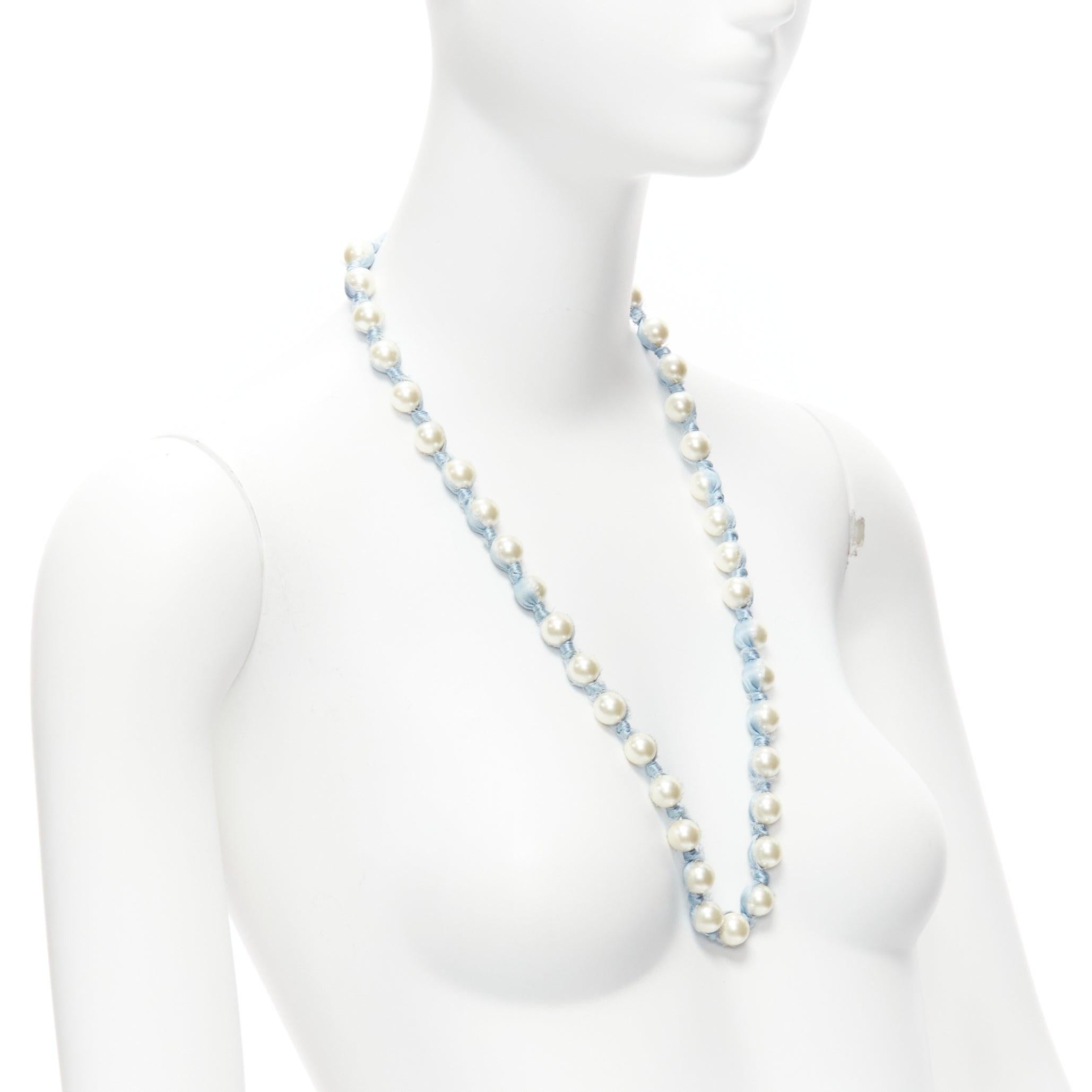 LANVIN ALBER ELBAZ cream pearl blue silk ribbon wrap long necklace In Excellent Condition For Sale In Hong Kong, NT