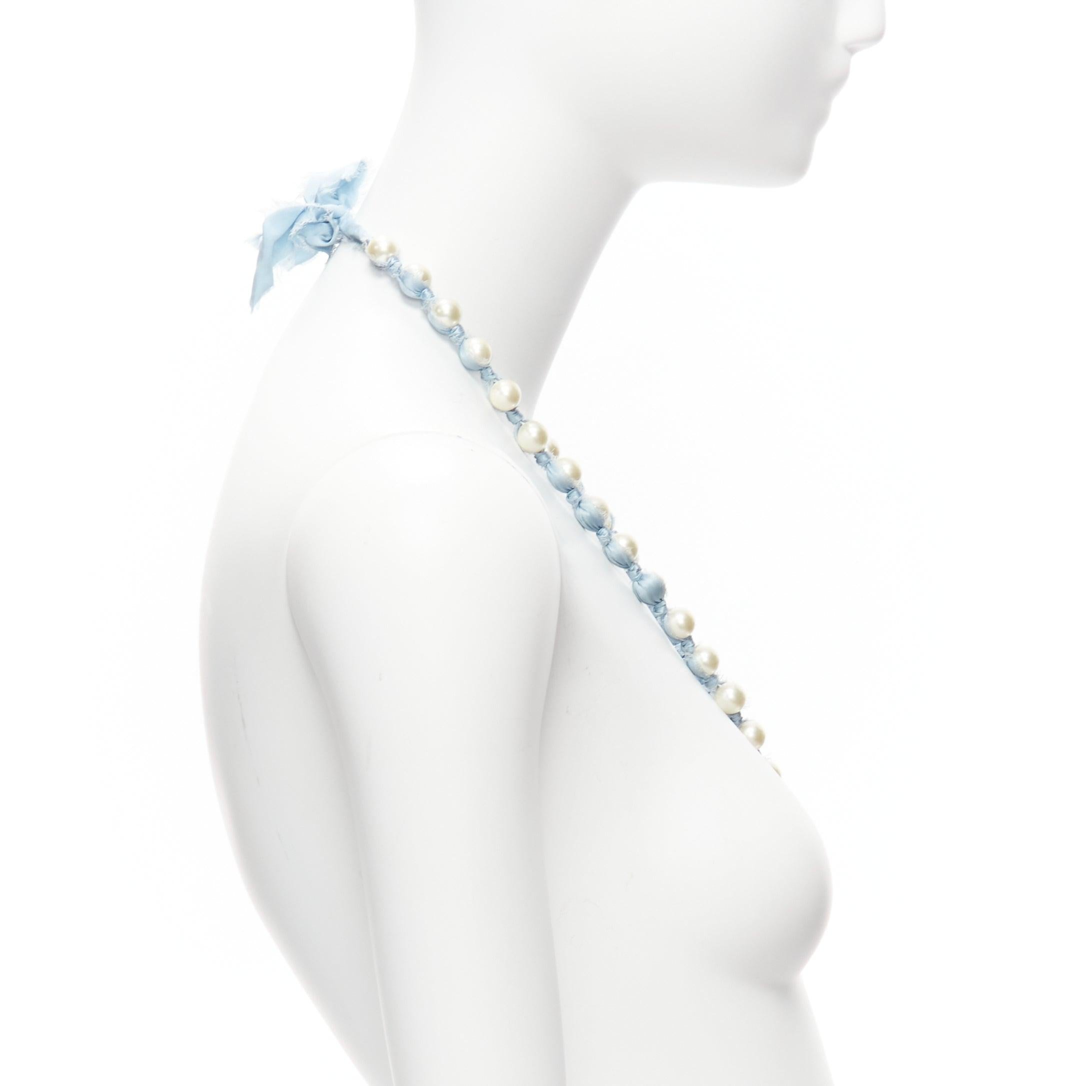 Women's LANVIN ALBER ELBAZ cream pearl blue silk ribbon wrap long necklace For Sale