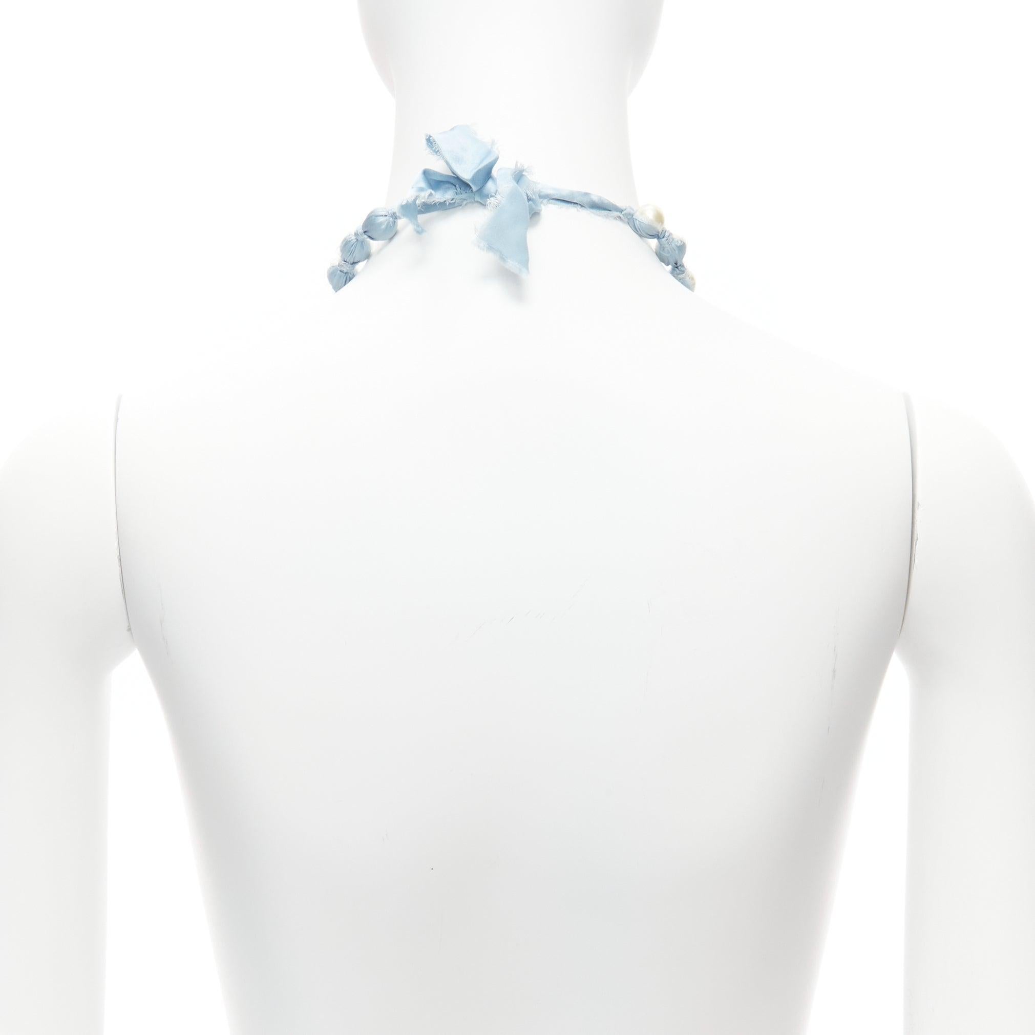 LANVIN ALBER ELBAZ cream pearl blue silk ribbon wrap long necklace For Sale 1