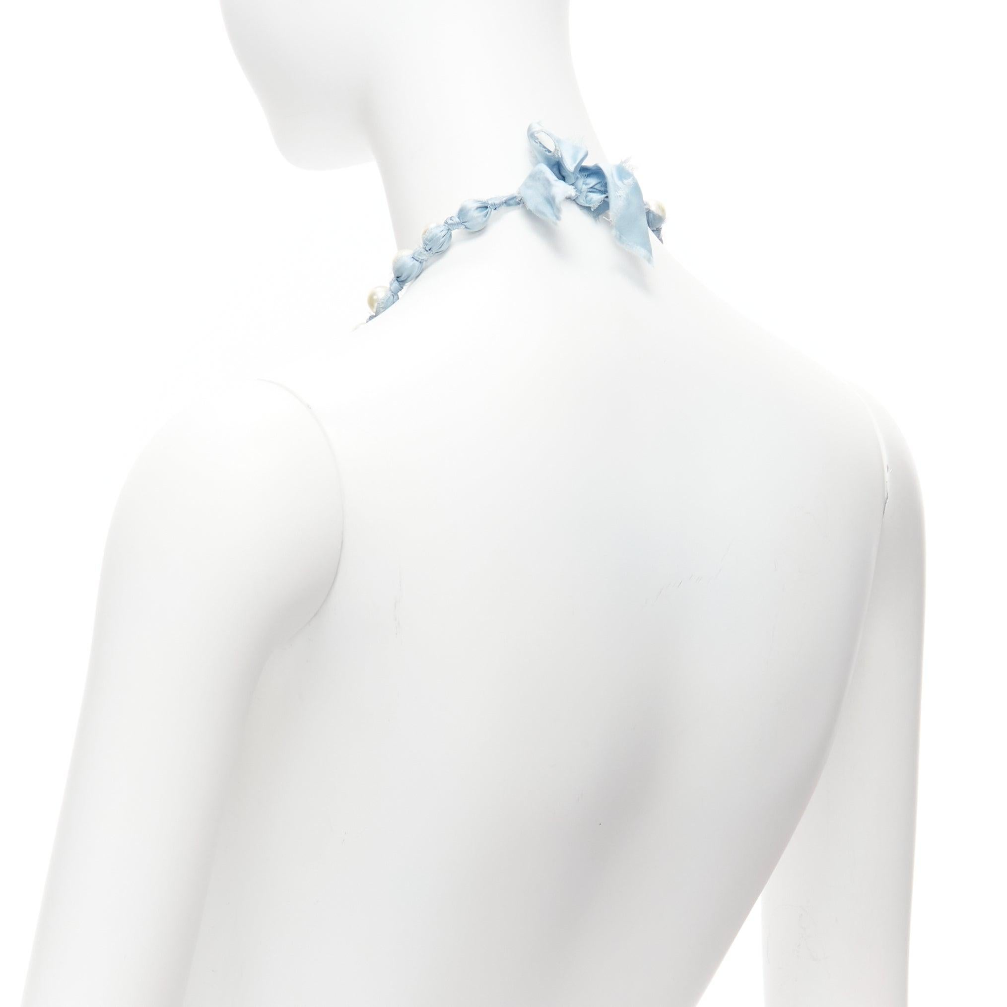LANVIN ALBER ELBAZ cream pearl blue silk ribbon wrap long necklace For Sale 2