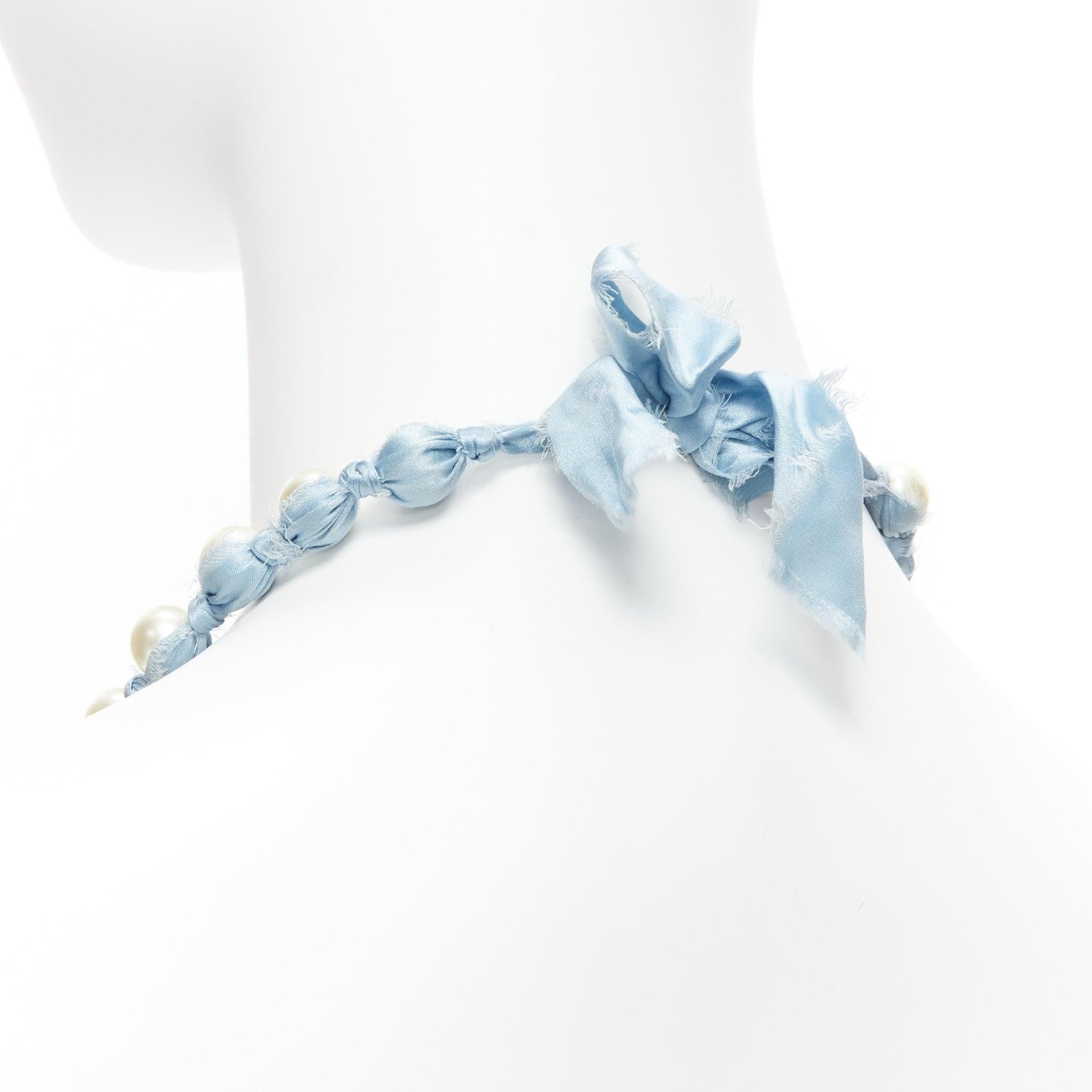 LANVIN ALBER ELBAZ cream pearl blue silk ribbon wrap long necklace For Sale 3