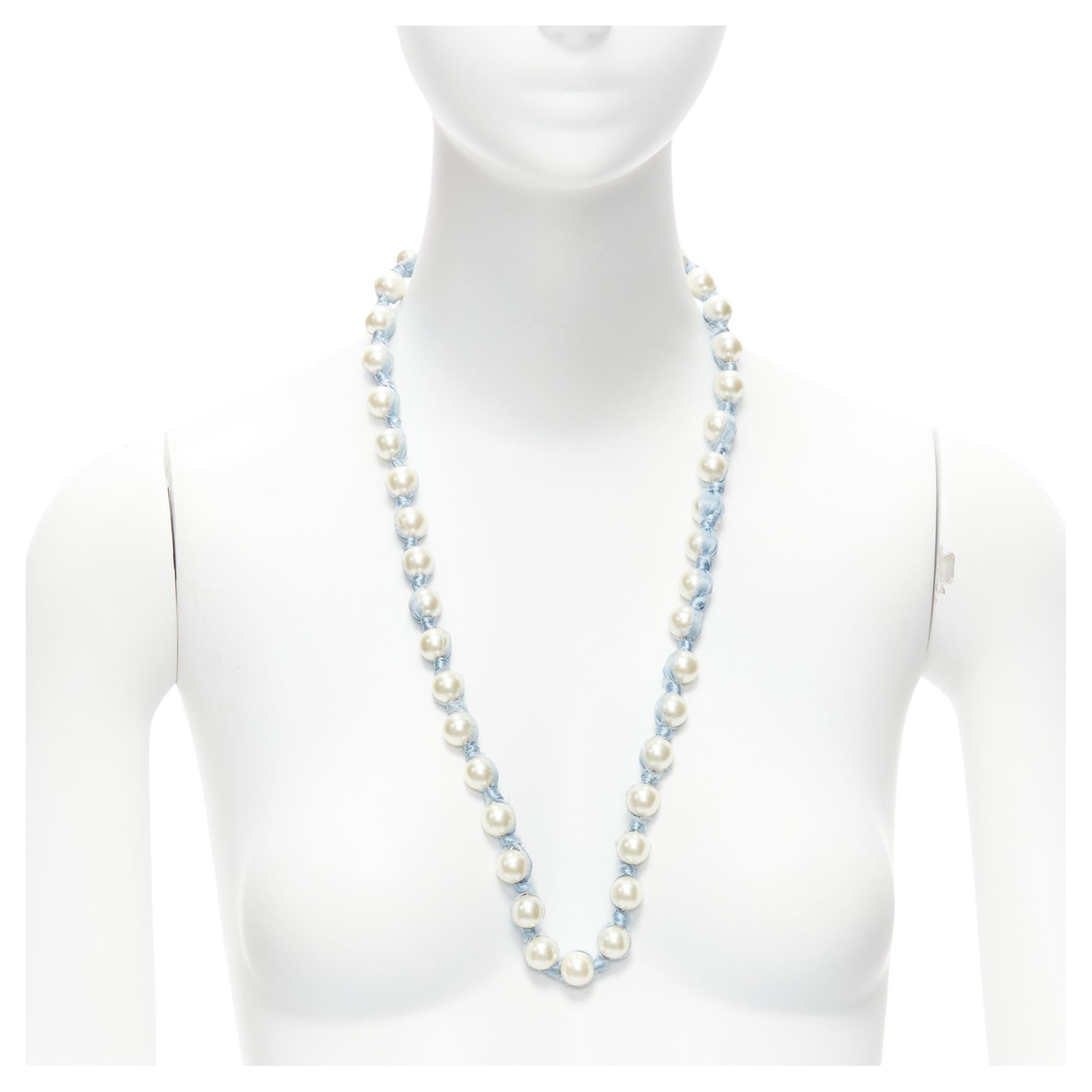 LANVIN ALBER ELBAZ cream pearl blue silk ribbon wrap long necklace For Sale