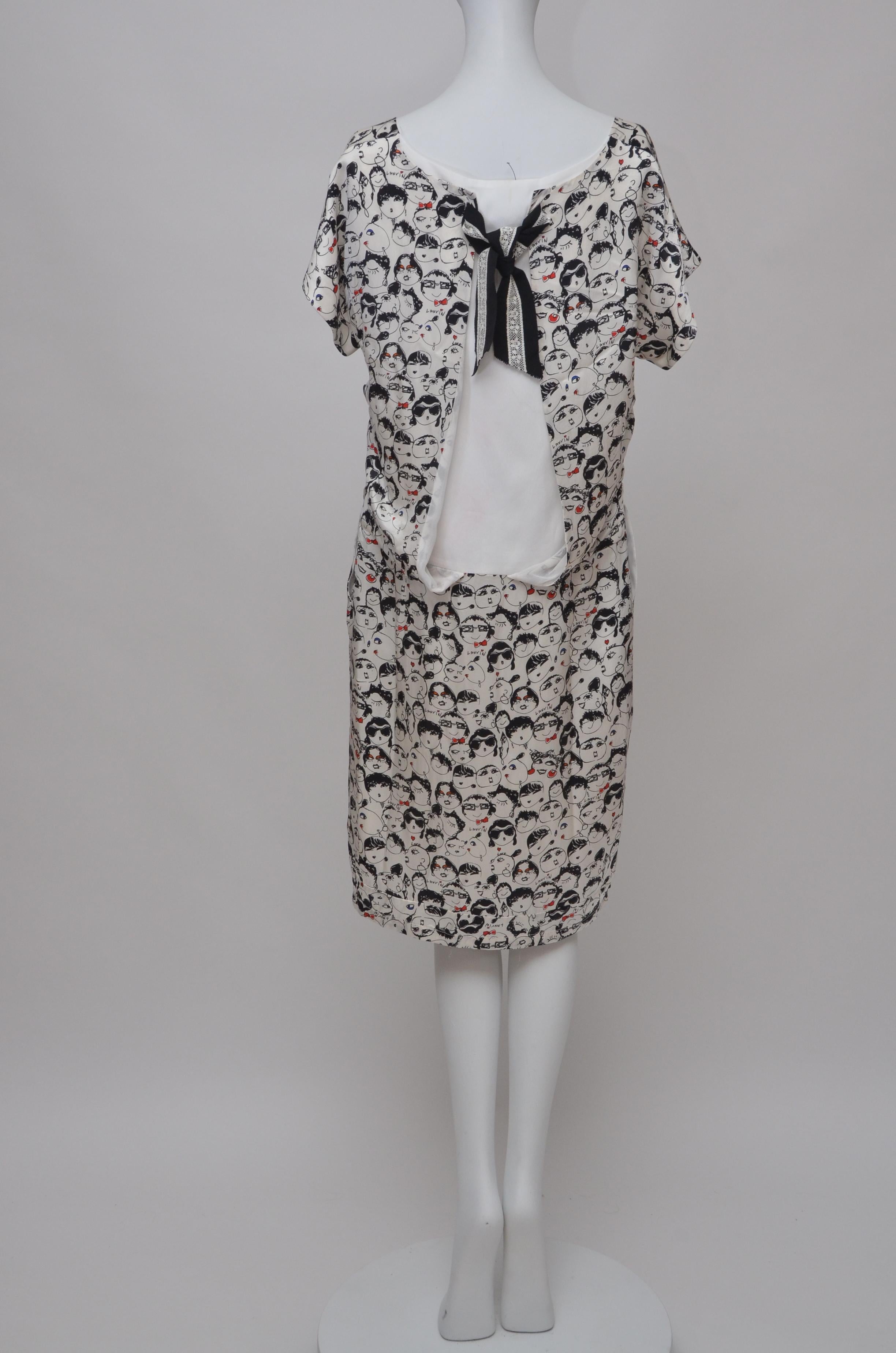 Gray Lanvin Alber Elbaz Face Print Dress x Paper Fan   For Sale