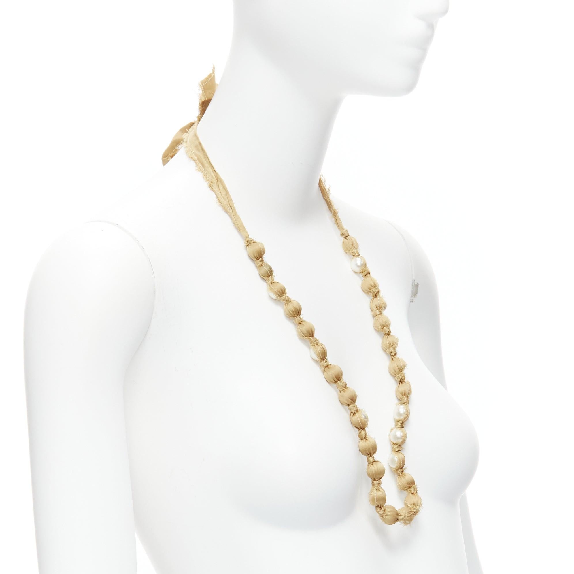 LANVIN ALBER ELBAZ gold silk ribbon cream pearl wrap long necklace In Excellent Condition For Sale In Hong Kong, NT