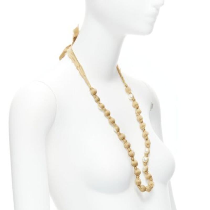 LANVIN ALBER ELBAZ gold silk ribbon cream pearl wrap long necklace In Excellent Condition For Sale In Hong Kong, NT