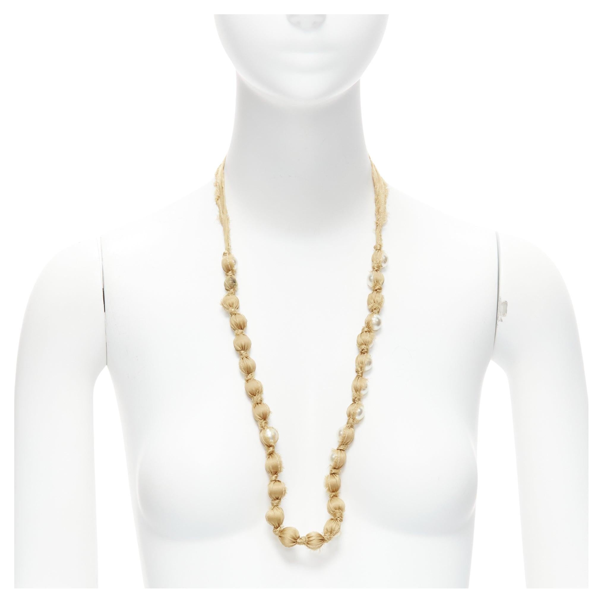 LANVIN ALBER ELBAZ gold silk ribbon cream pearl wrap long necklace For Sale