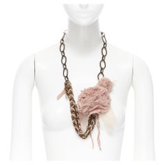 LANVIN ALBER ELBAZ gunmetal metal braided chunky chain silk floral necklace