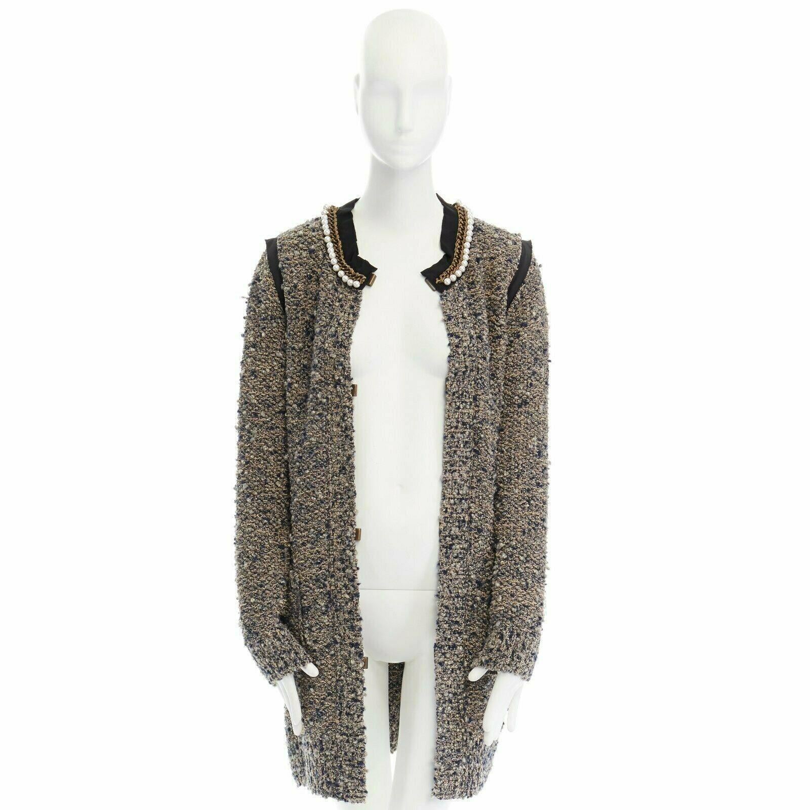 Gray LANVIN ALBER ELBAZ metallic brown boucle pearl chain collar cardigan coat M FR38