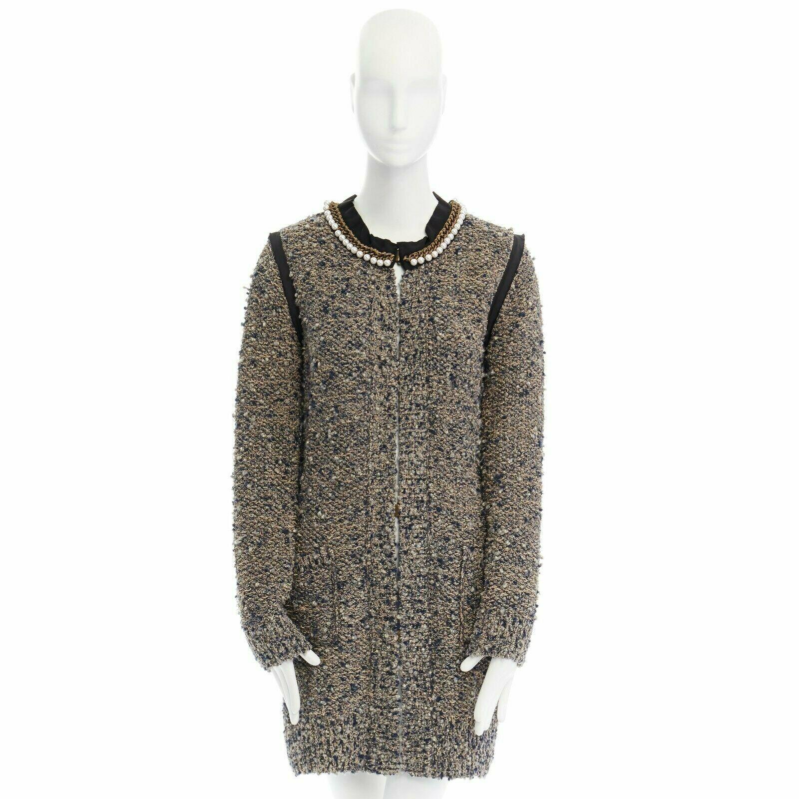 LANVIN ALBER ELBAZ metallic brown boucle pearl chain collar cardigan coat M FR38 In Excellent Condition In Hong Kong, NT