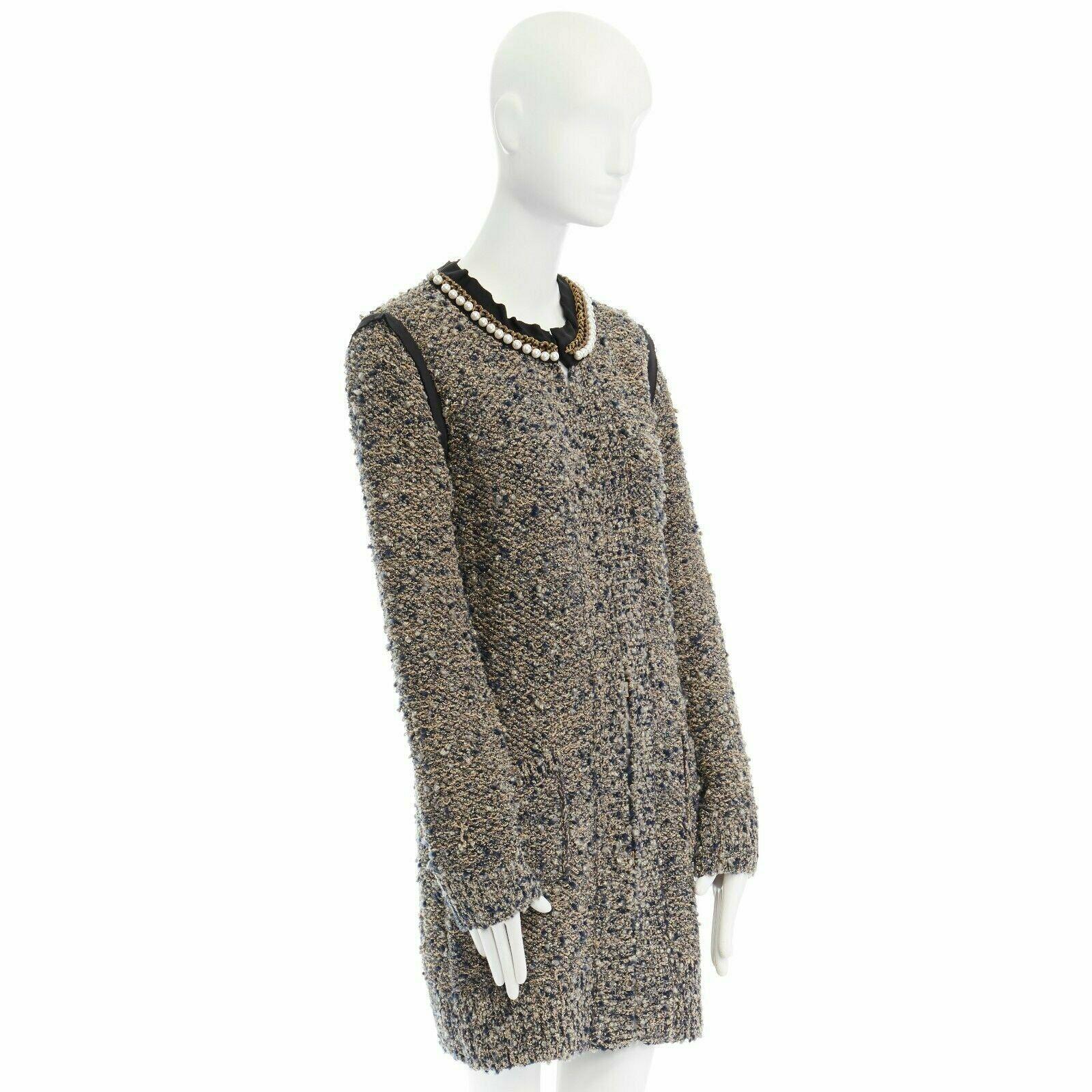 Women's LANVIN ALBER ELBAZ metallic brown boucle pearl chain collar cardigan coat M FR38