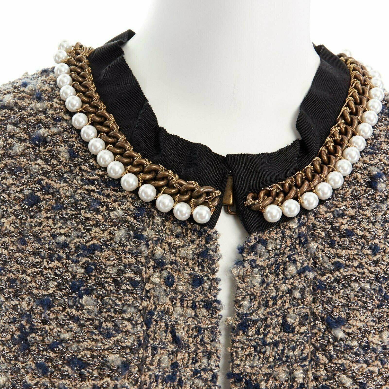 LANVIN ALBER ELBAZ metallic brown boucle pearl chain collar cardigan coat M FR38 3