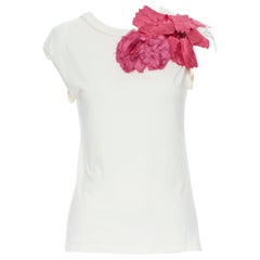 LANVIN ALBER ELBAZ pink silk flower bead embellished raw frayed tshirt XS