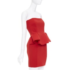 LANVIN Alber Elbaz signature red neoprene peplum strapless zip dress FR34 XS