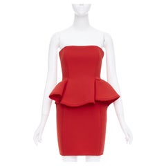 LANVIN Alber Elbaz firma un abito rosso in neoprene con zip e peplo senza spalline FR34 XS