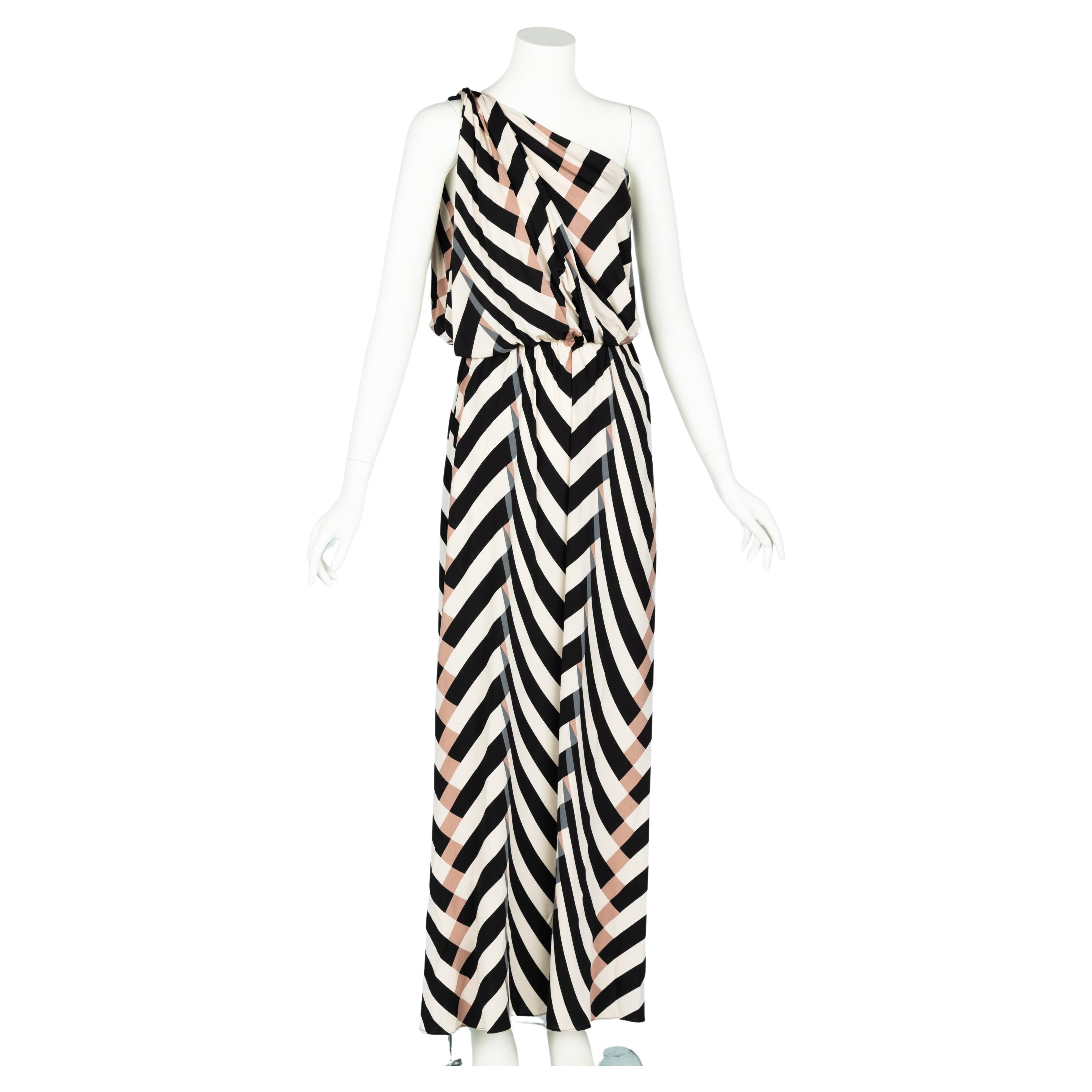 Beige Lanvin  Alber Elbaz Spring 2015 One Shoulder Chevron Striped Jersey Dress For Sale