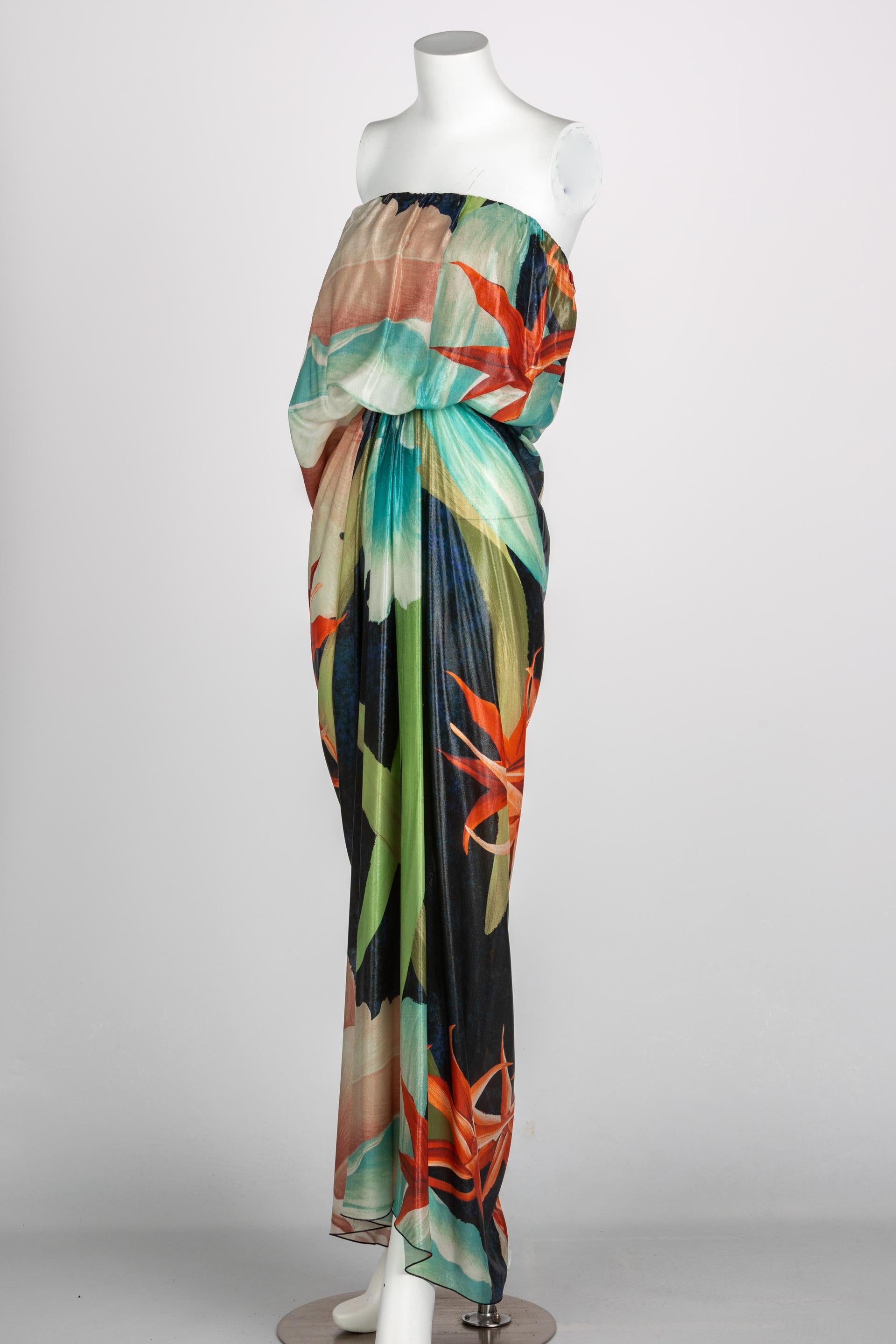 Lanvin Alber Elbaz Tropical Print Metallic Lame Strapless Draped Maxi Dress 2013 In Excellent Condition In Boca Raton, FL