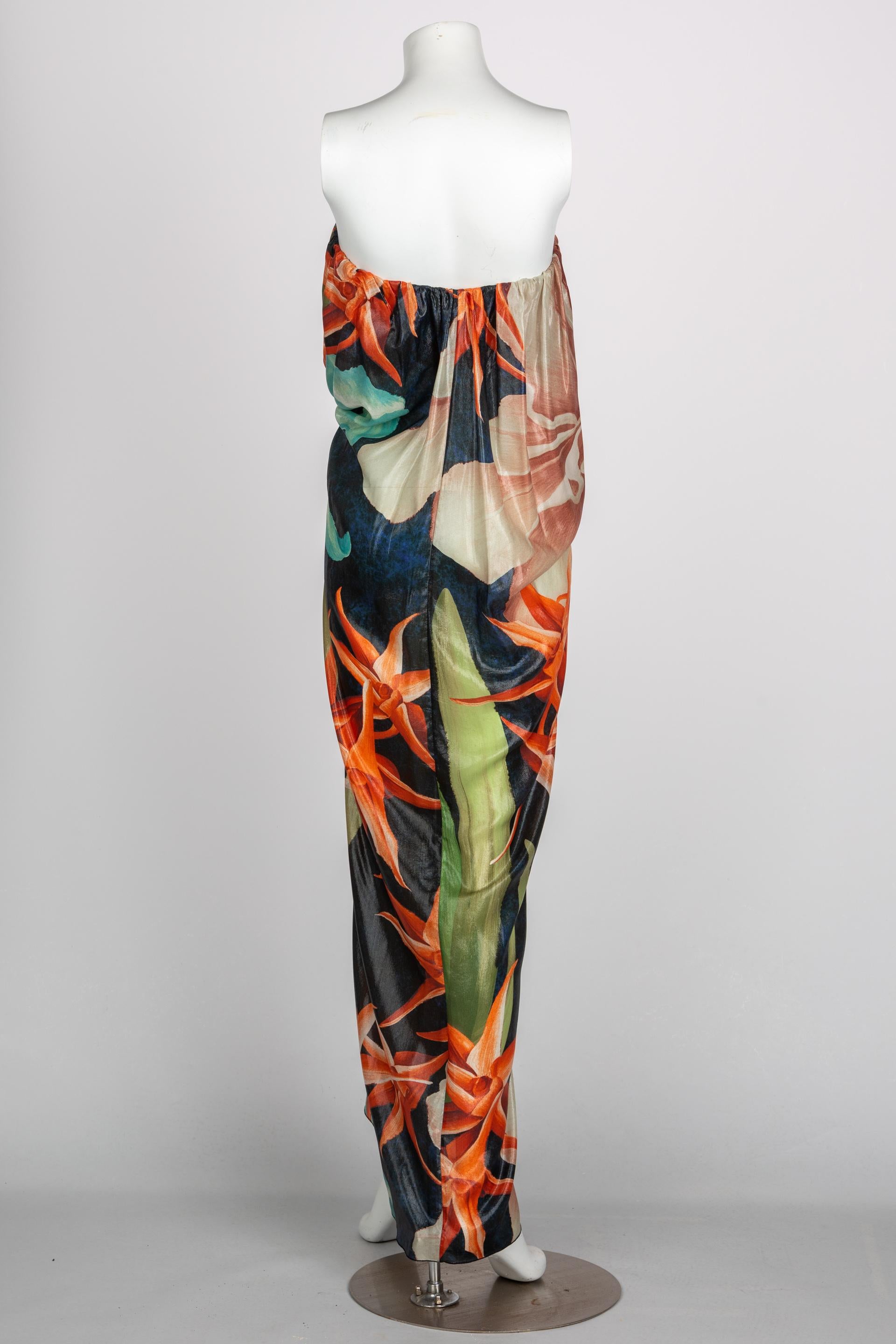 Lanvin Alber Elbaz Tropical Print Metallic Lame Strapless Draped Maxi Dress 2013 2