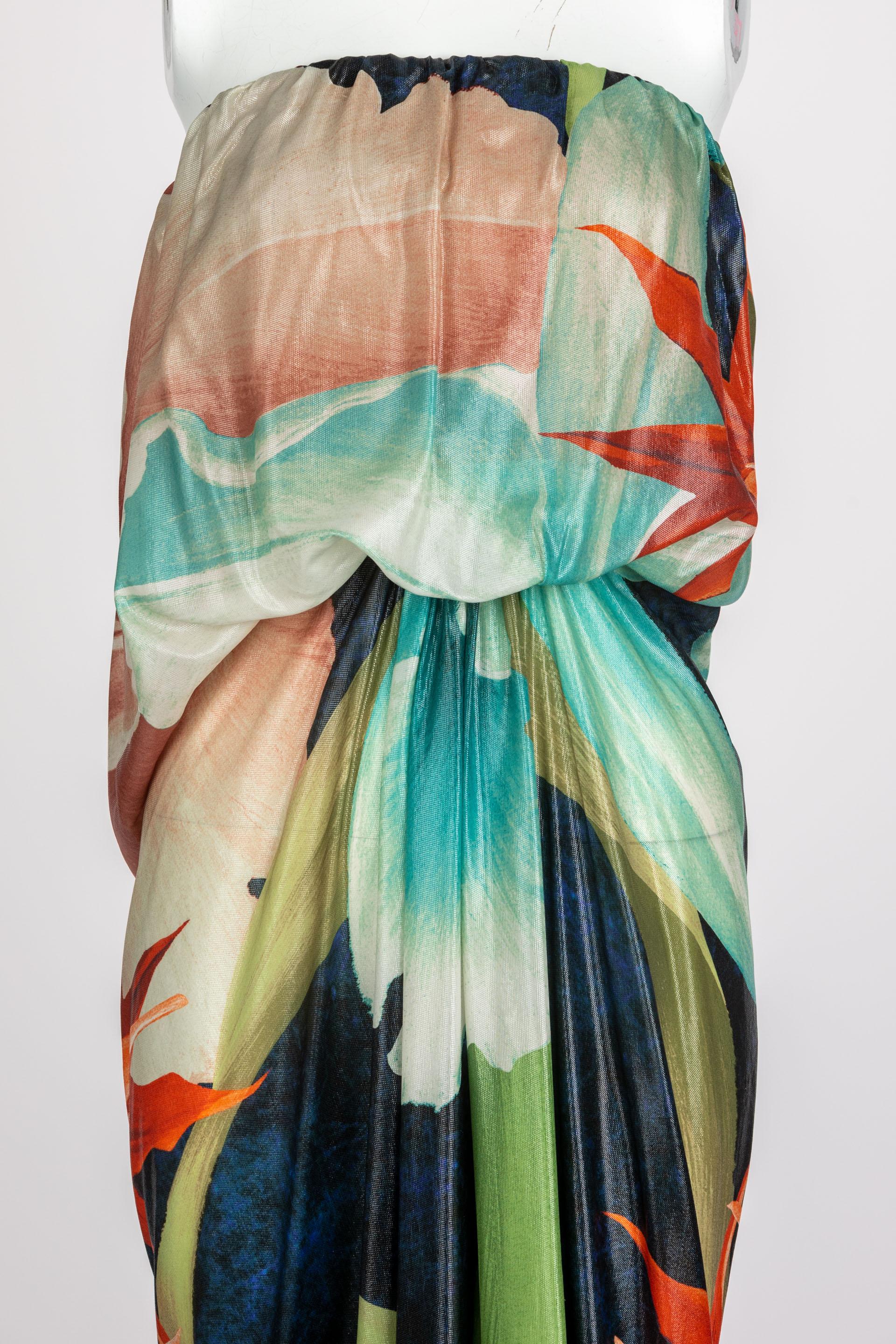 Lanvin Alber Elbaz Tropical Print Metallic Lame Strapless Draped Maxi Dress 2013 3