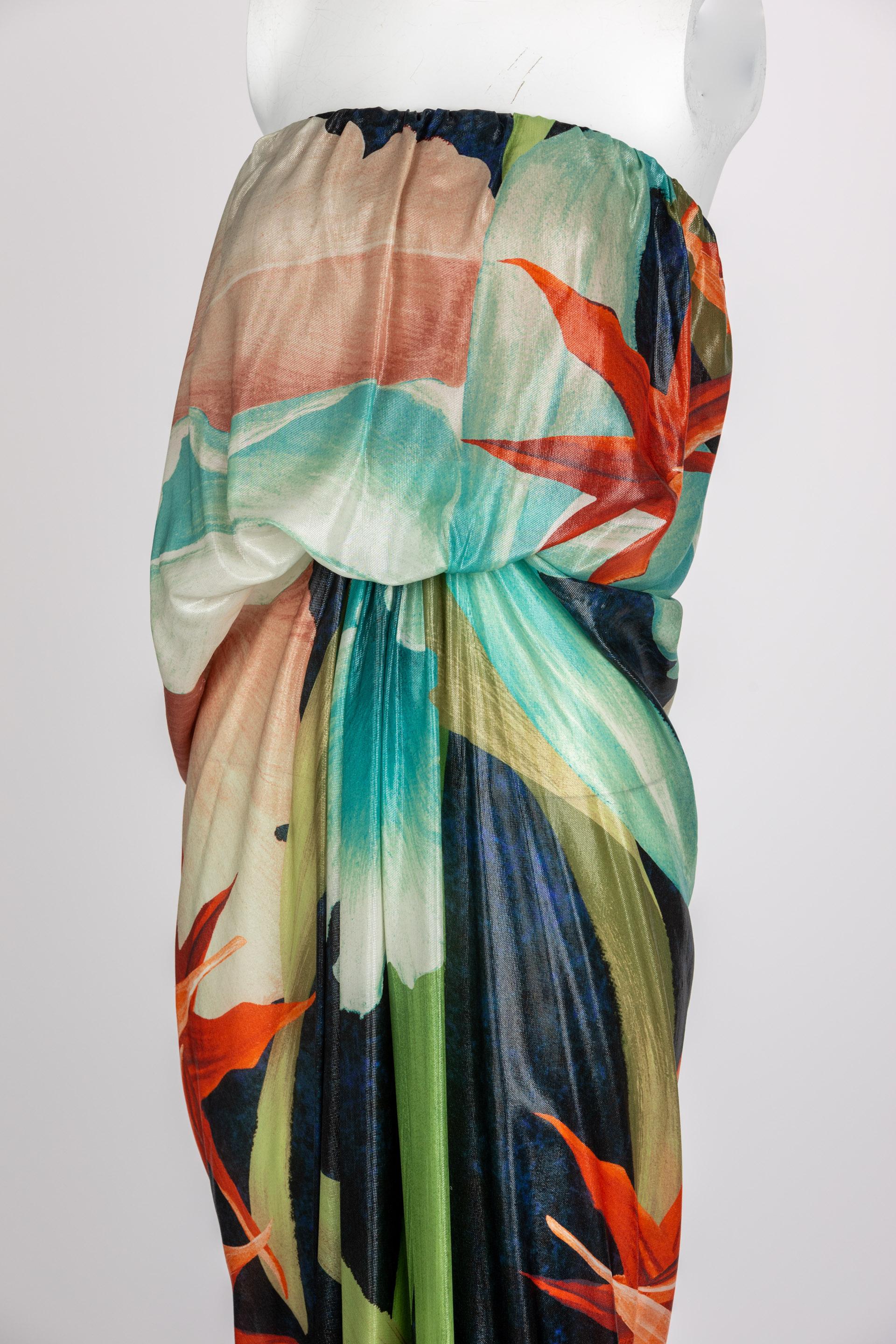 Lanvin Alber Elbaz Tropical Print Metallic Lame Strapless Draped Maxi Dress 2013 4