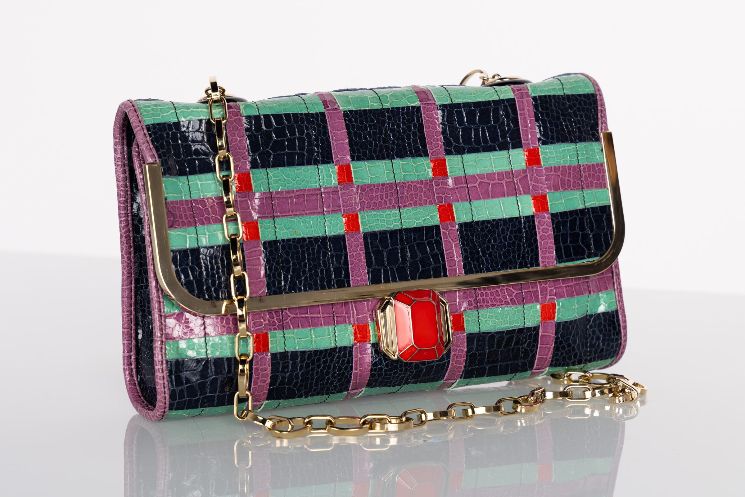 Green Lanvin Alber Elbaz Turquoise Red Crocodile Effect Woven Chain Bag Spring 2009 For Sale