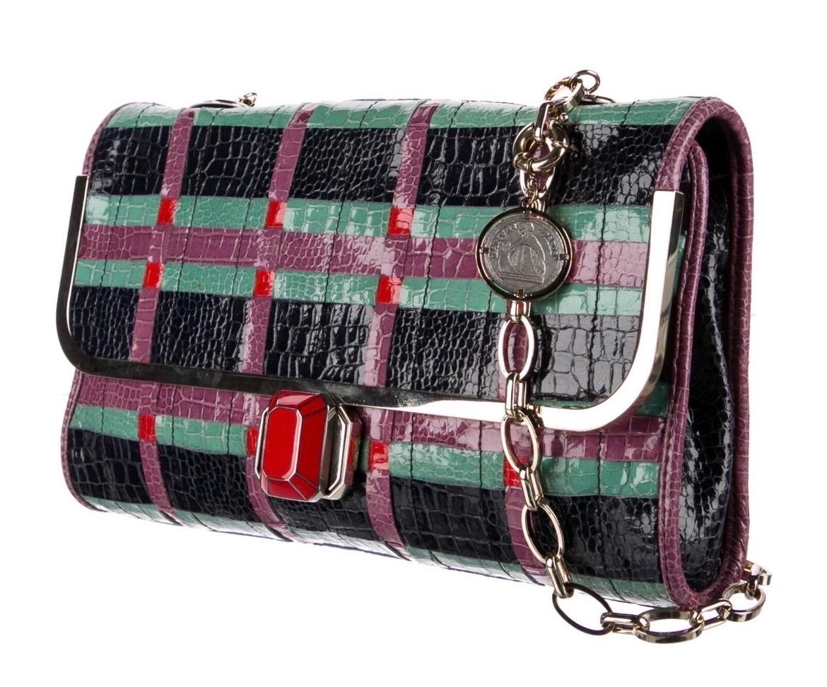 Lanvin Alber Elbaz Turquoise Red Crocodile Effect Woven Chain Bag Spring 2009 In Excellent Condition In Boca Raton, FL
