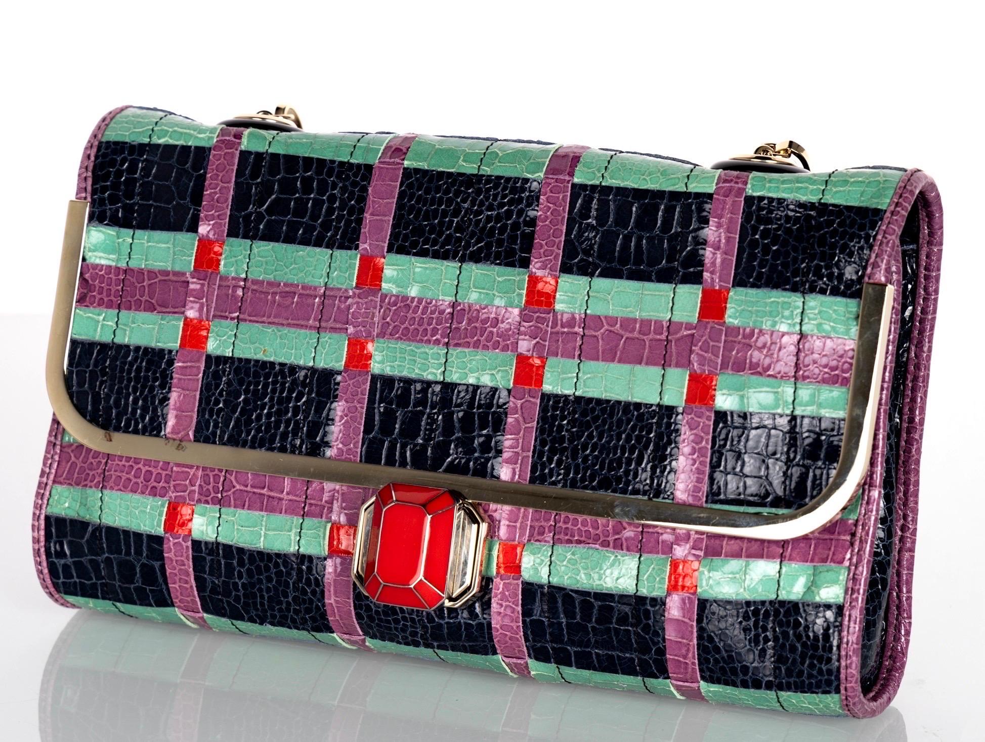 Women's Lanvin Alber Elbaz Turquoise Red Crocodile Effect Woven Chain Bag Spring 2009 For Sale