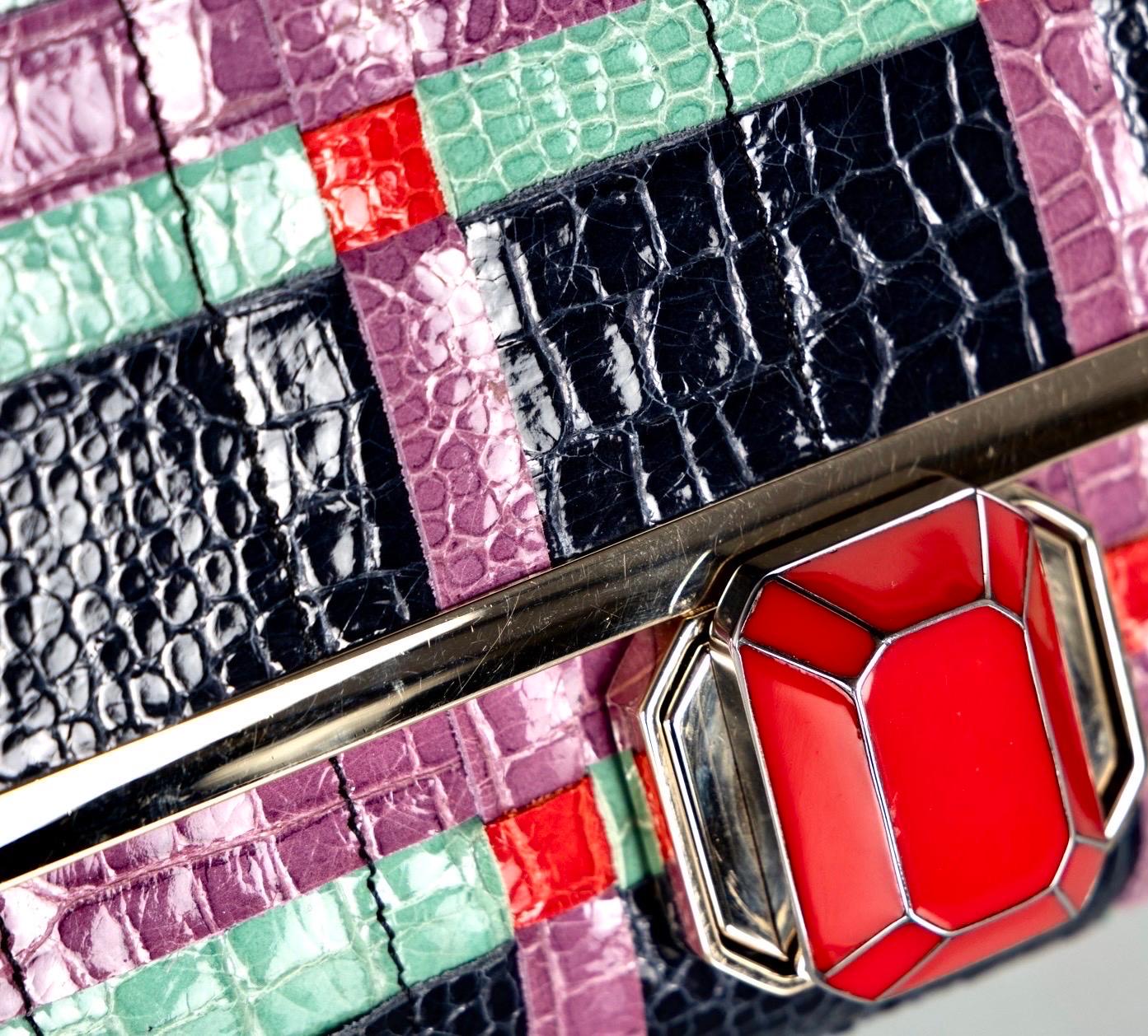 Lanvin Alber Elbaz Turquoise Red Crocodile Effect Woven Chain Bag Spring 2009 For Sale 1