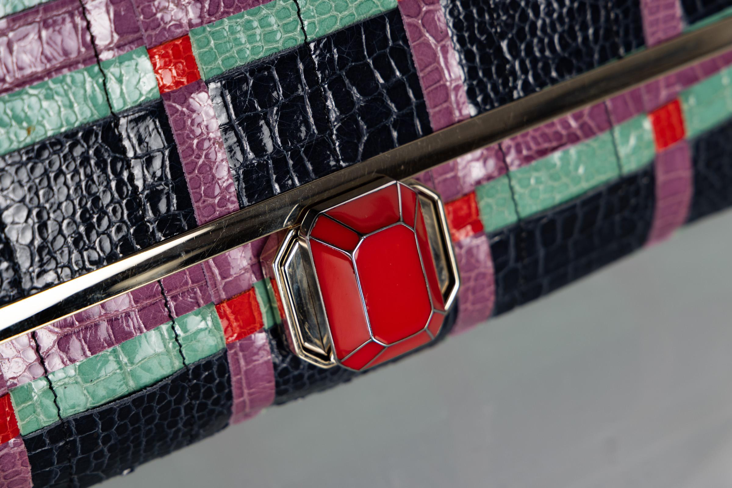 Lanvin Alber Elbaz Turquoise Red Crocodile Effect Woven Chain Bag Spring 2009 For Sale 2
